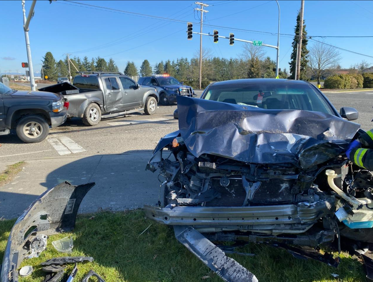 Scene of crash at Main Street and Guide Meridian in Lynden (March 6, 2022). Photo courtesy Lynden Fire Department