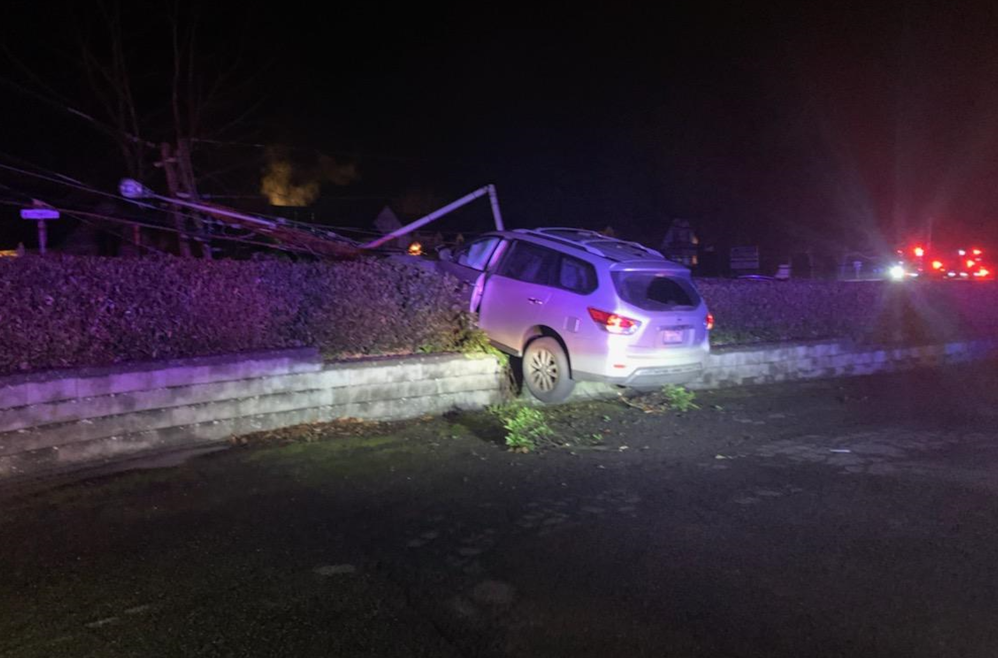 Scene of a car versus pole crash on Northwest Drive (March 24, 2022). Photo courtesy of WCFD7