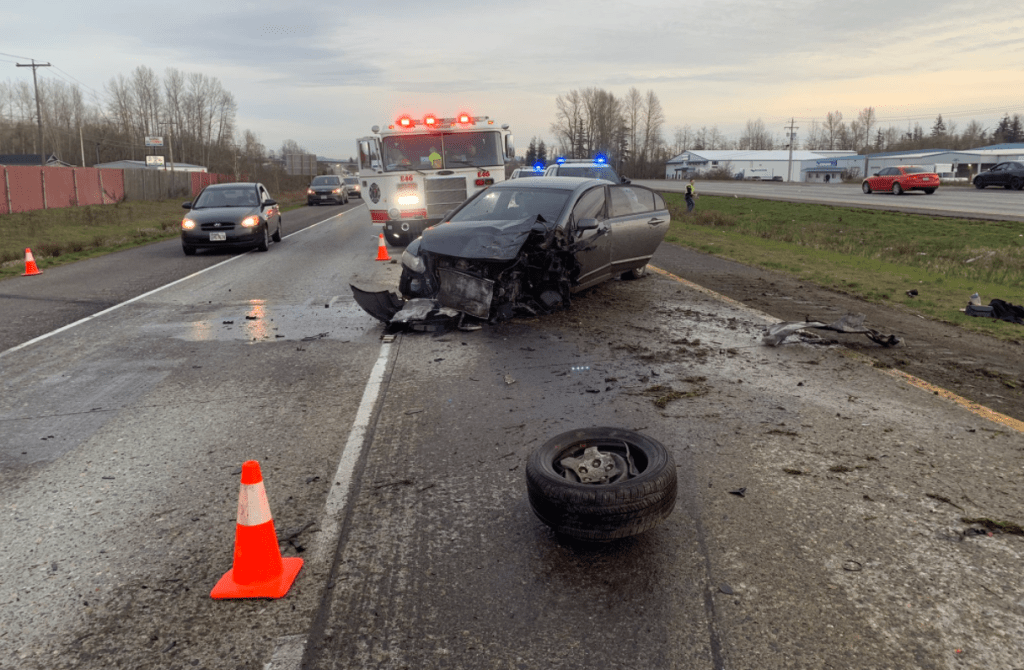 Scene of a crash in the northbound lanes of I-5 south of the Main Street interchange (March 24, 2022). Photo courtesy of WSP