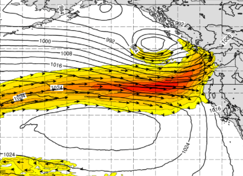 Plot of vertically integrated water vapor transport analysis forecast for April 5, 2022, based on ECMWF forecast model. Source: Center for Western Weather and Water Extremes