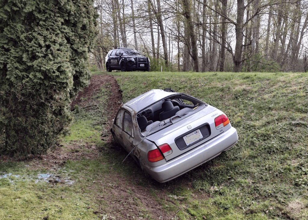 Scene of a rollover crash on Malloy Road (April 14, 2022). Photo: Whatcom News