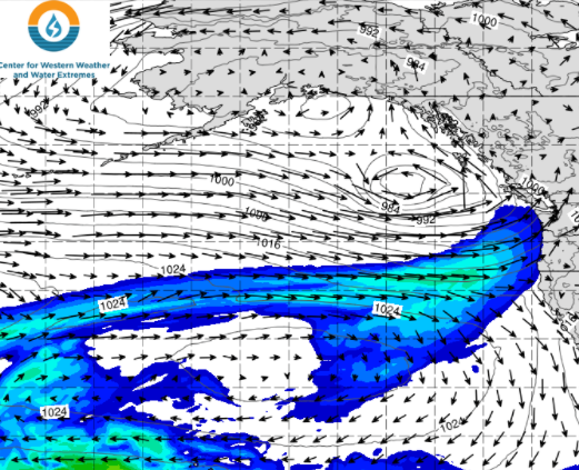 Plot of vertically integrated water vapor analysis forecast for April 4, 2022, based on ECMWF forecast model. Source: Center for Western Weather and Water Extremes