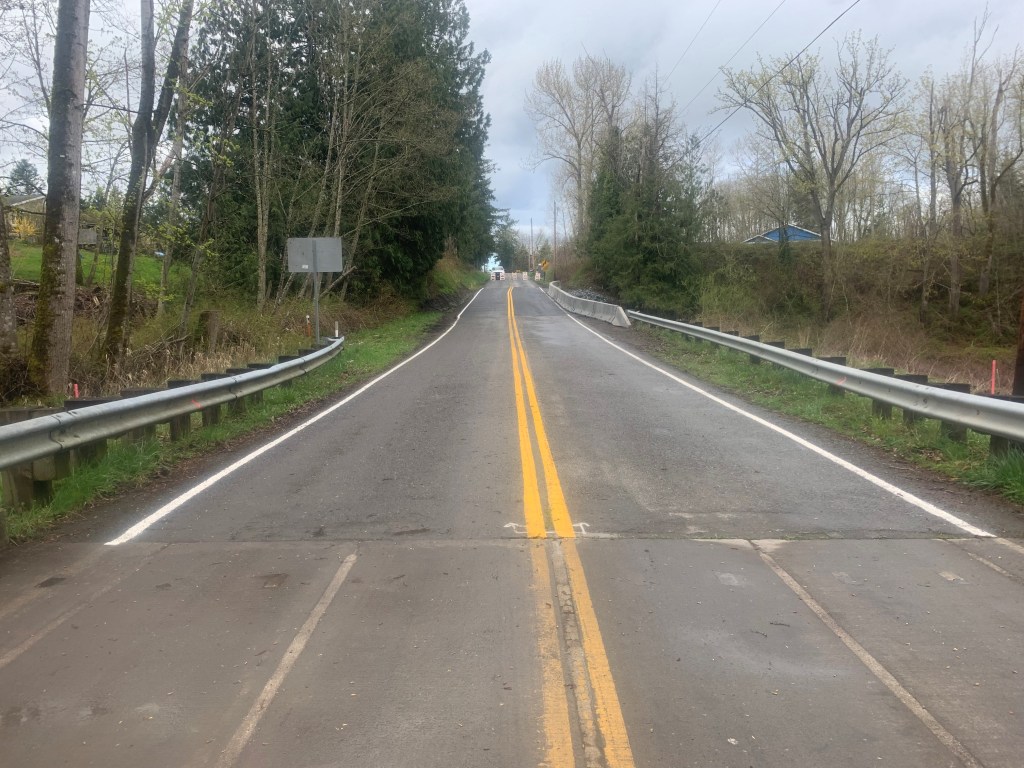 Section of Goshen Road after repairs were complete to fix mid-November storm damage (April 8, 2022). Photo courtesy of Whatcom County Public Works