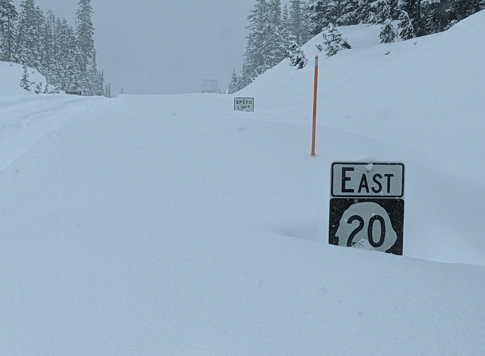 View of the North Cascades Highway (SR20) after a spring snow event (April 12, 2022). Photo WSDOT