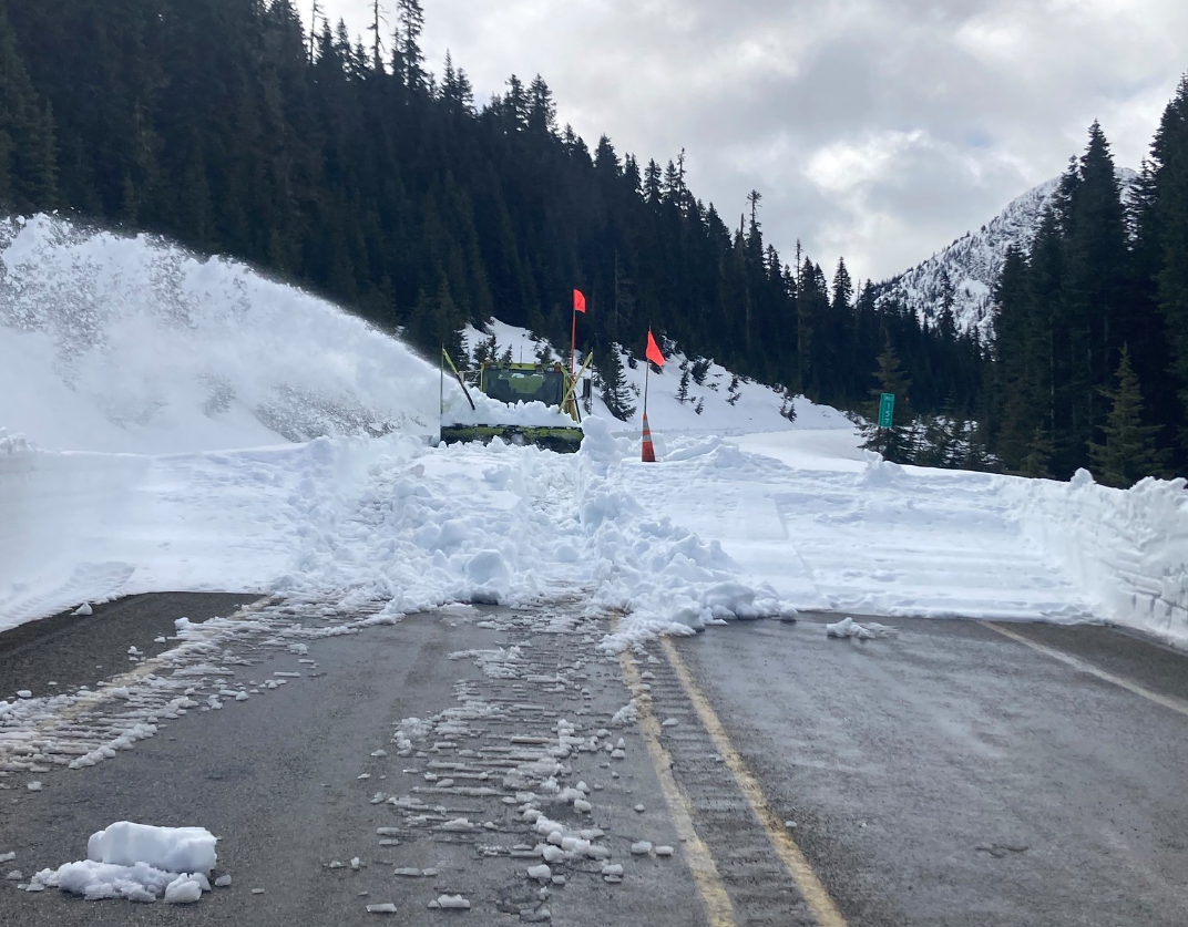 During the sixth week of the 2022 spring clearing on the North Cascades, Highway (SR20), eastside and westside crews met on the west side of Rainy Pass (May 6, 2022). Photo: WSDOT