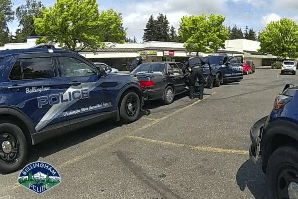 Bodycam image of Bellingham Police Department officers making contact with a person who appeared passed out in a stolen car (March 25, 2022). Source: Bellingham Police Department