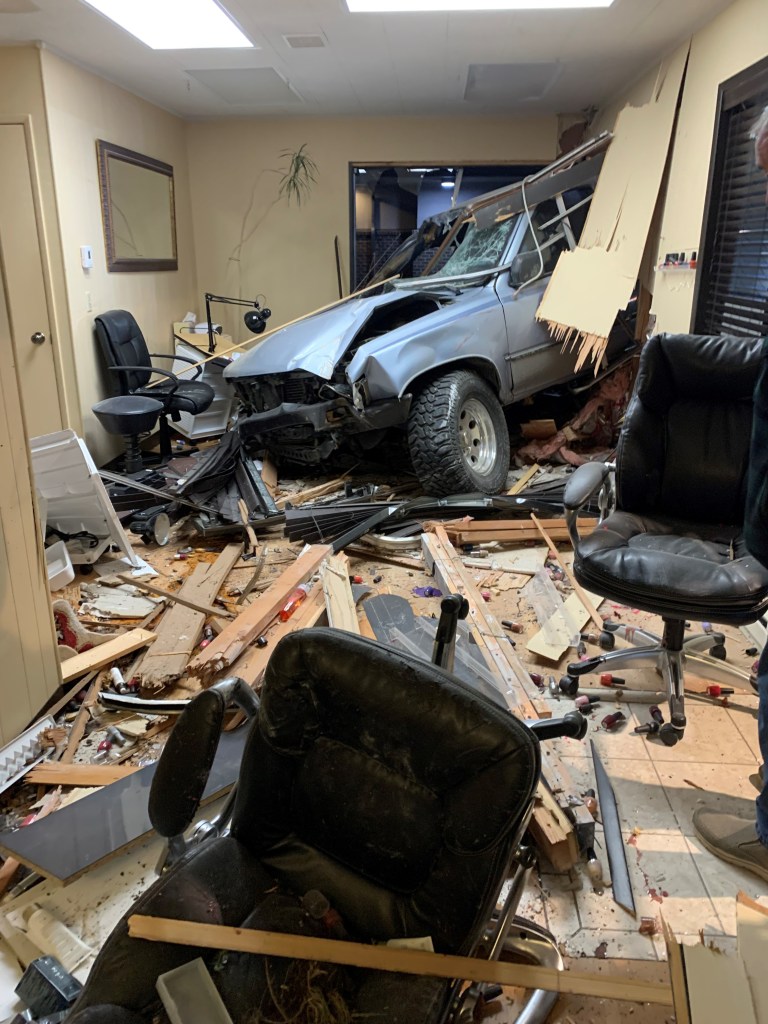 Scene of a car vs building crash near Girard Street and Broadway in Bellingham (May 1, 2022). Photo courtesy of Joanna Sigler