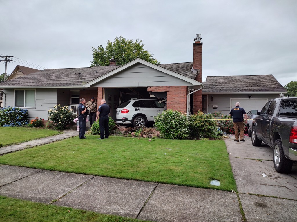 Scene of a car versus house crash in Lynden (June 22, 2022). Photo: Whatcom News