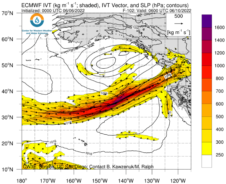 Plot of vertically integrated water vapor transport analysis forecast for June 9, 2022, based on ECMWF forecast model. Source: Center for Western Weather and Water Extremes