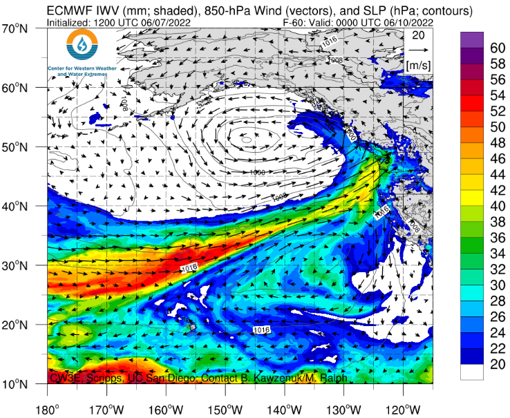 Plot of vertically integrated water vapor analysis forecast for June 9, 2022, based on ECMWF forecast model. Source: Center for Western Weather and Water Extremes