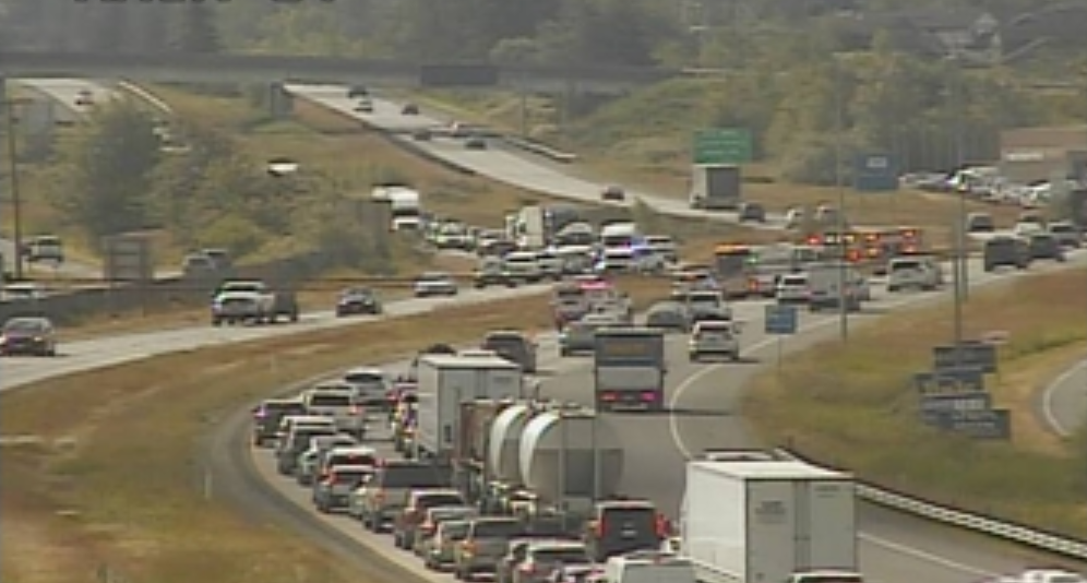 Scene of a single-vehicle rollover crash on I-5 in Ferndale (June 20, 2022). Photo: WSDOT traffic camera