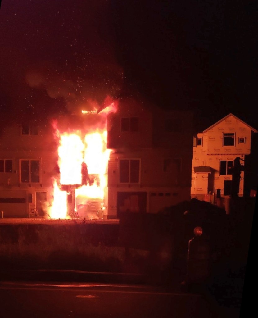 Scene of a fire at a multifamily development under construction near the intersection of Britton Road and Mount Baker Highway (July 29, 2022). Photo courtesy of Zack Reynolds