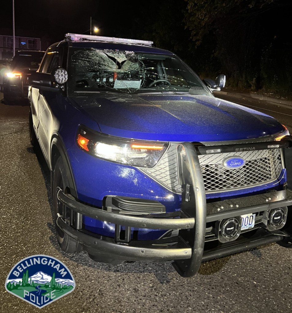 A Bellingham Police SUV after being struck by a thrown 25-pound piece of railroad tie (September 17, 2022). Photo courtesy of BPD