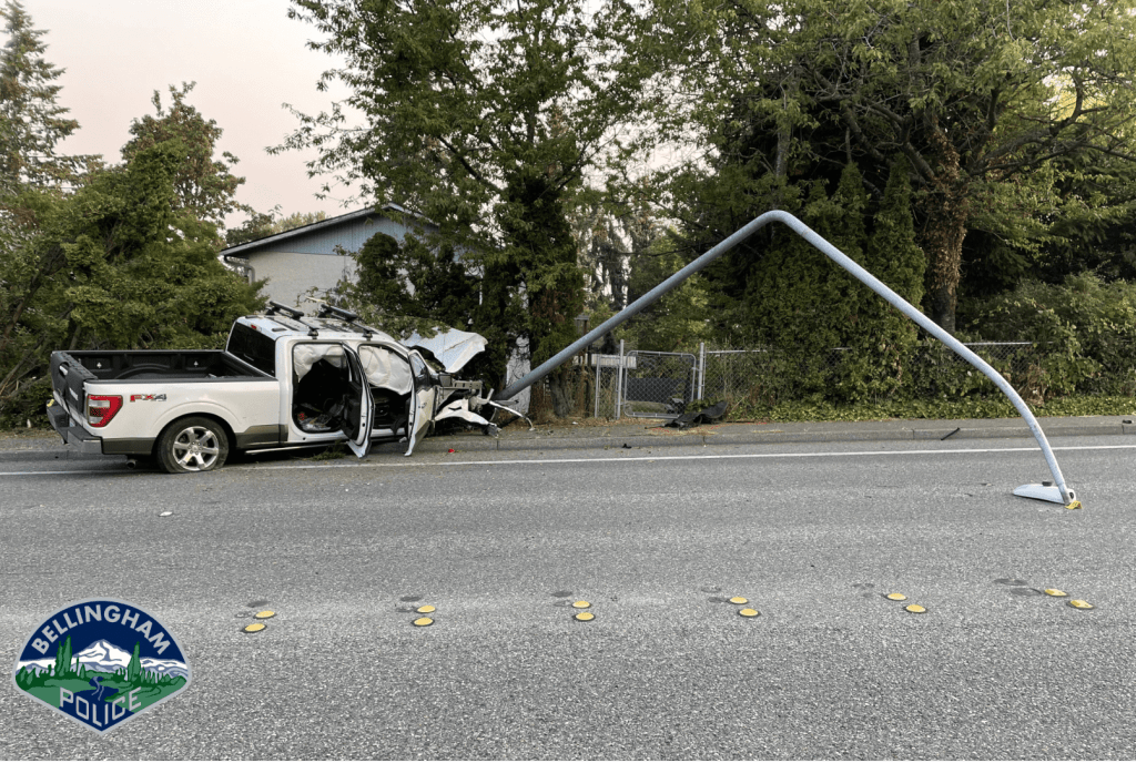 Scene of fatal truck, pedestrian and pole crash on Lakeway Drive (September 10, 2022). Photo courtesy of Bellingham Police Department.