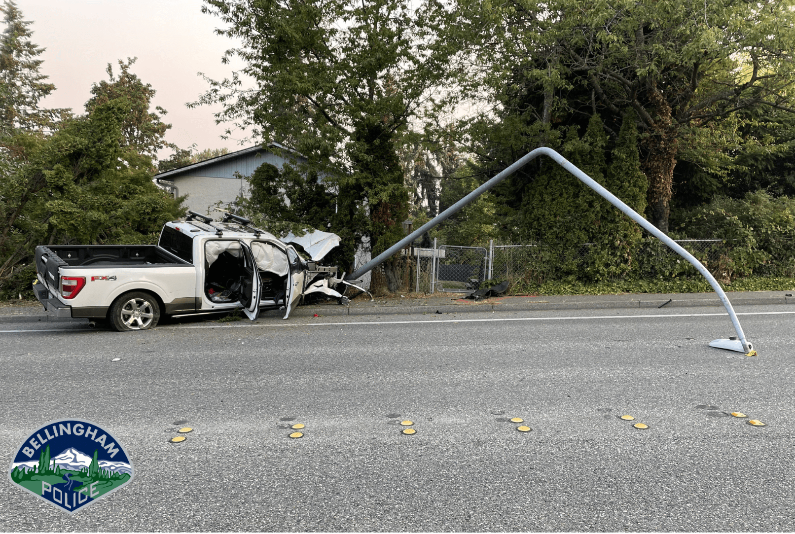 Scene of fatal truck, pedestrian and pole crash on Lakeway Drive (September 10, 2022). Photo courtesy of Bellingham Police Department.