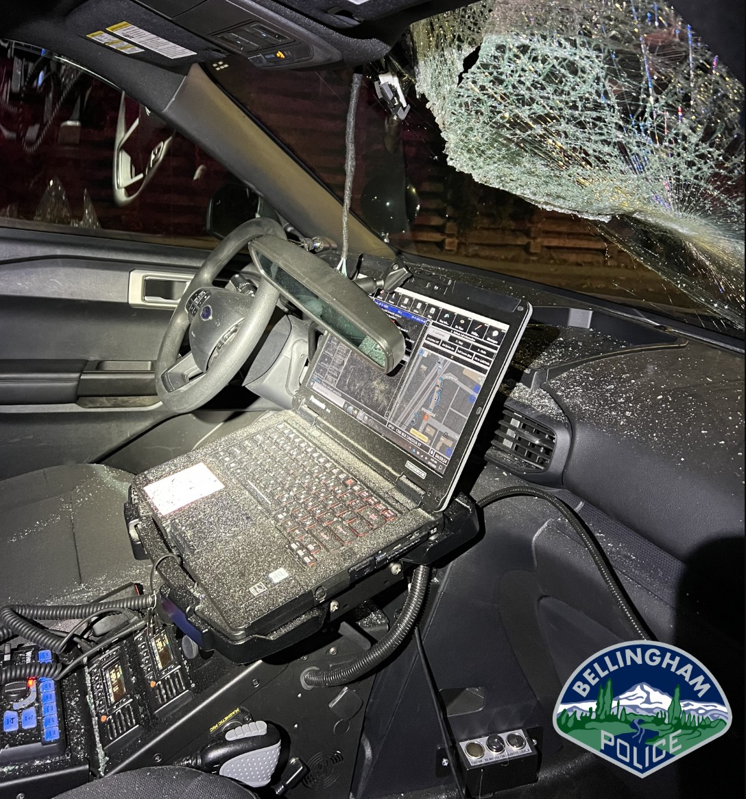 Interior of Bellingham Police SUV after being struck by a thrown 25-pound piece of railroad tie (September 17, 2022). Photo courtesy of BPD