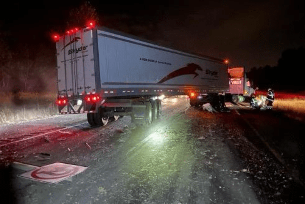 Scene of a semi-truck crash after the truck crossed the median from the northbound to southbound lanes (September 28, 2022). Photo courtesy WSP