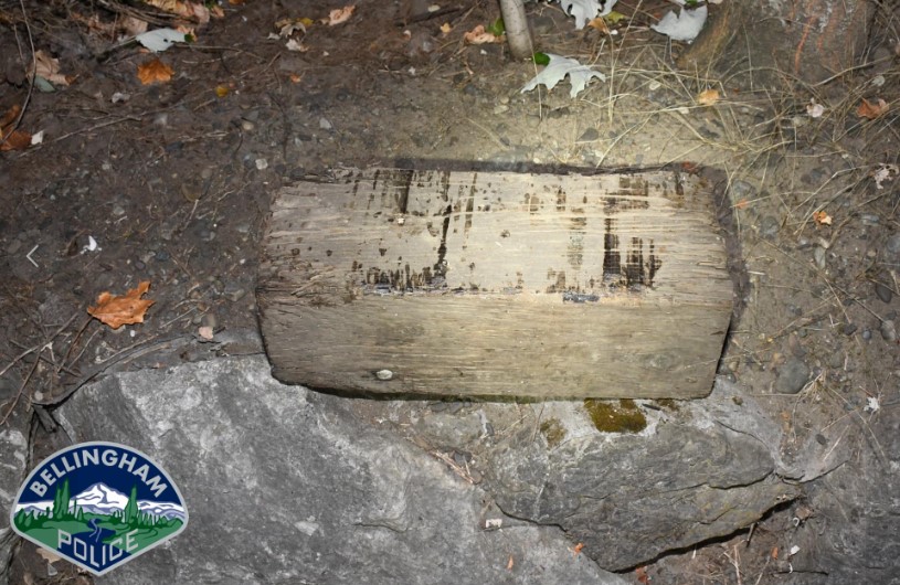 A 25-pound piece of railroad tie thrown at a Bellingham Police SUV (September 17, 2022). Photo courtesy of BPD