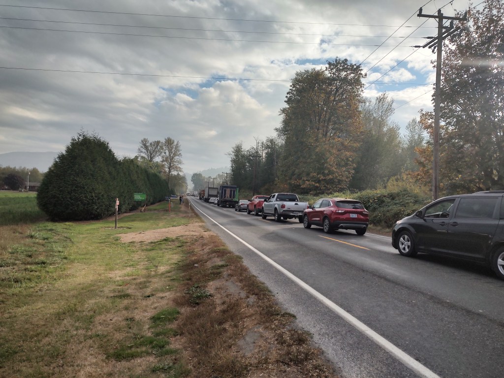 Southbound traffic backup on Valley Highway north of a residential fire in Acme (October 20,2022). Photo: Whatcom News