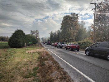 Southbound traffic backup on Valley Highway north of a residential fire in Acme (October 20,2022). Photo: Whatcom News