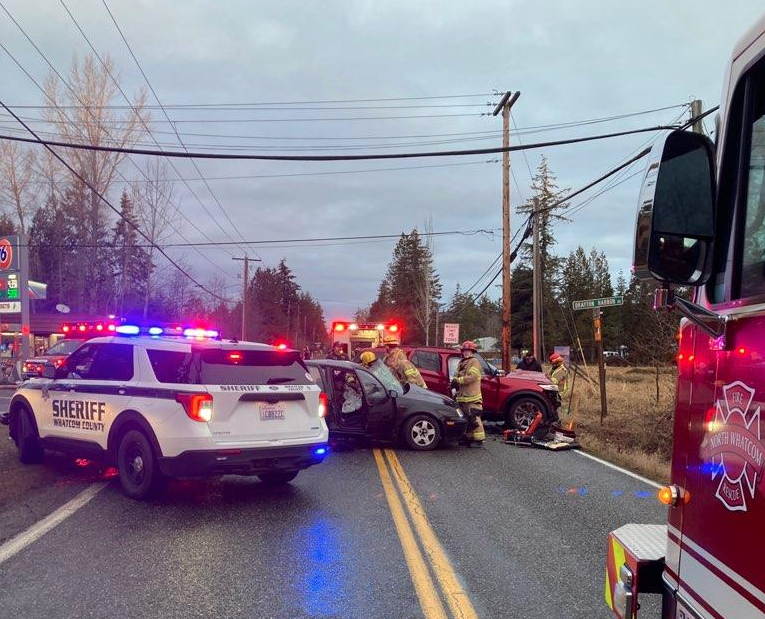 Scene of a T-bone crash at Drayton Harbor Road and Blaine Road (January 10, 2023). Photo courtesy of North Whatcom Fire and Rescue