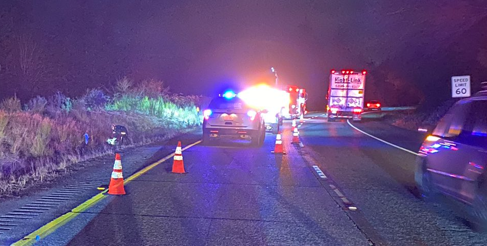 Scene of a fatal crash involving a single motorcycle in the northbound lanes of I-5 south of Fairhaven (December 31, 2022). Photo courtesy of WSP