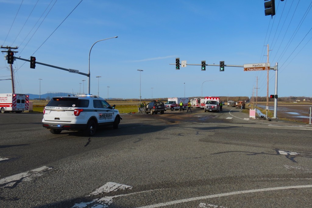 Scene of a multivehicle crash on Slater Road at Haxton Way (March 17, 2023). Photo: Whatcom News