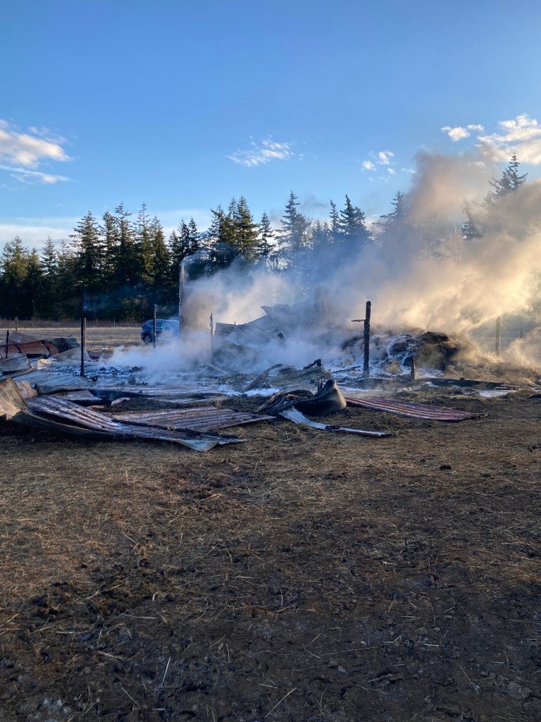 Scene of a horse barn fire in Everson (March 8, 2023). Photo courtesy of North Whatcom Fire & Rescue