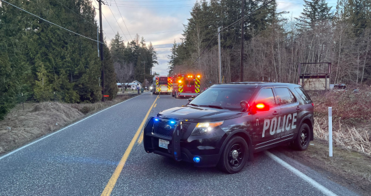 Blaine Police Department patrol vehicle blocks a lane near the scene of crash on Blaine Road (March 7, 2023). Photo courtesy of Blaine Police Department.