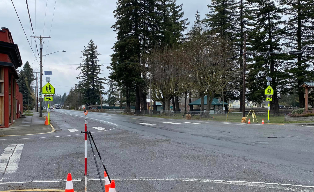 Lighted crosswalk signs in place at the intersection of Nooksack Road and E Madison Street in Nooksack (March 21, 2023). Photo courtesy of City of Nooksack