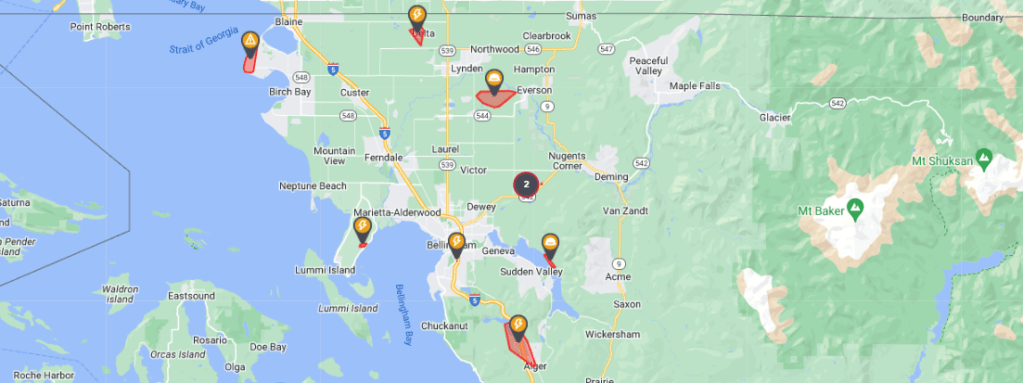 Power outage map as of 1:40pm on April 9, 2023. Source: Puget Sound Energy
