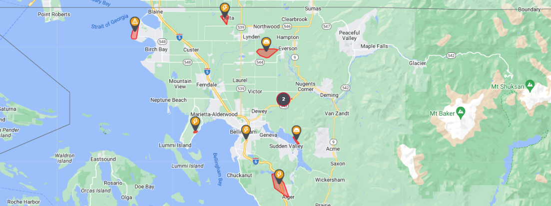 Power outage map as of 1:40pm on April 9, 2023. Source: Puget Sound Energy