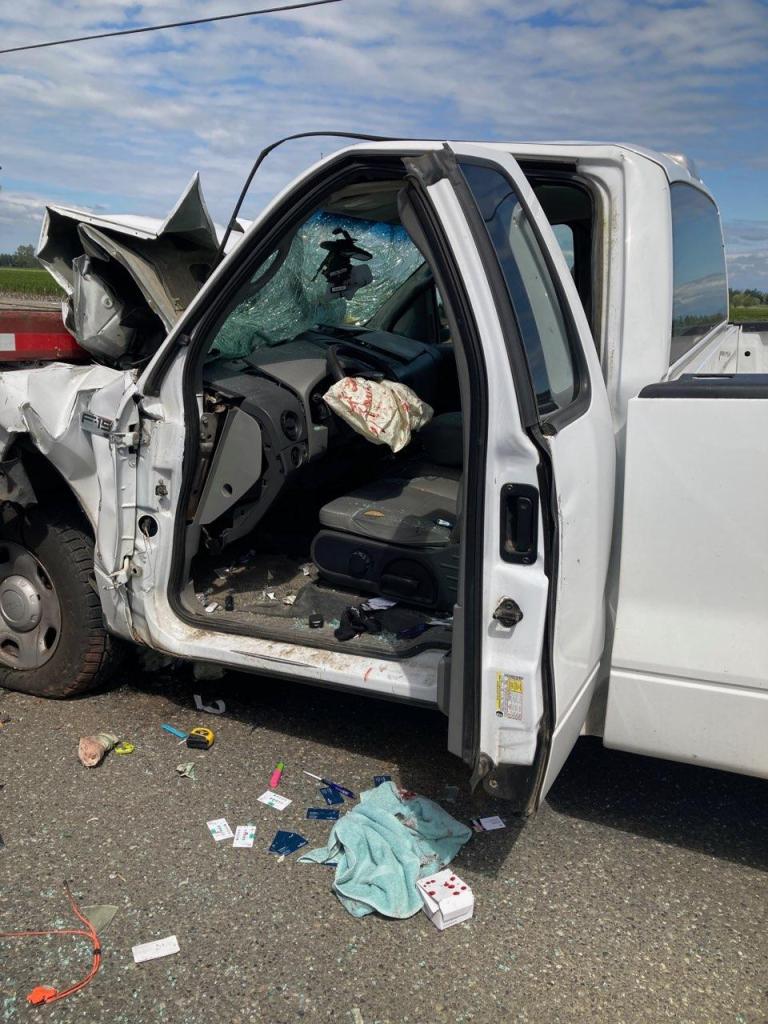 Scene of a pickup truck versus semi truck and trailer crash on E Pole Road (May 9, 2023). Photo courtesy of NWFR