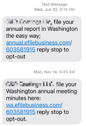 Examples of text messages AG claims are deceptive (May 9, 2023). Source: WA Attorney General's Office