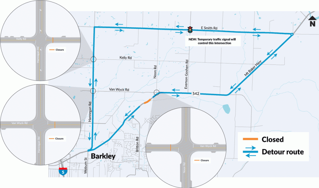 Detour and road closures map. Work area highlighted in orange. Source: WSDOT