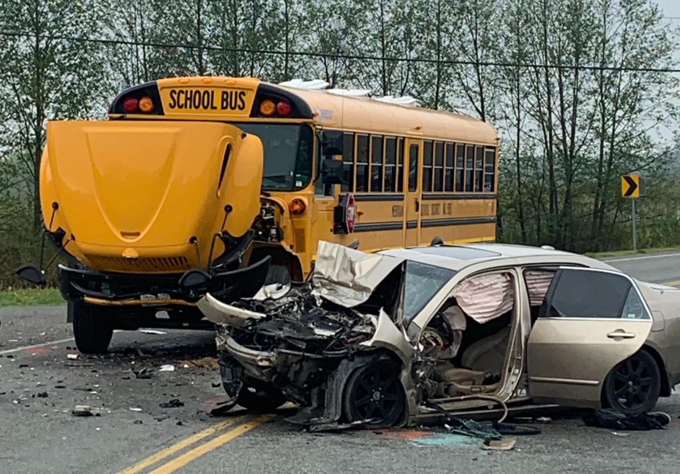 Scene of a car versus school bus crash on W Pole Road (May 2, 2023). Photo courtesy of WCSO