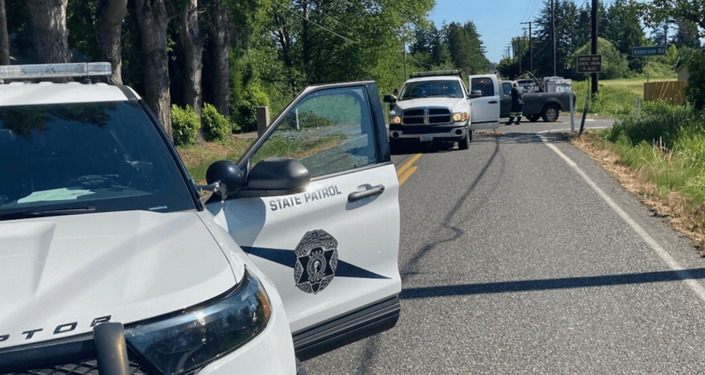 Scene of a motorcycle vs pickup truck crash in Blaine (June 6, 2023). Photo courtesy of Washington State Patrol
