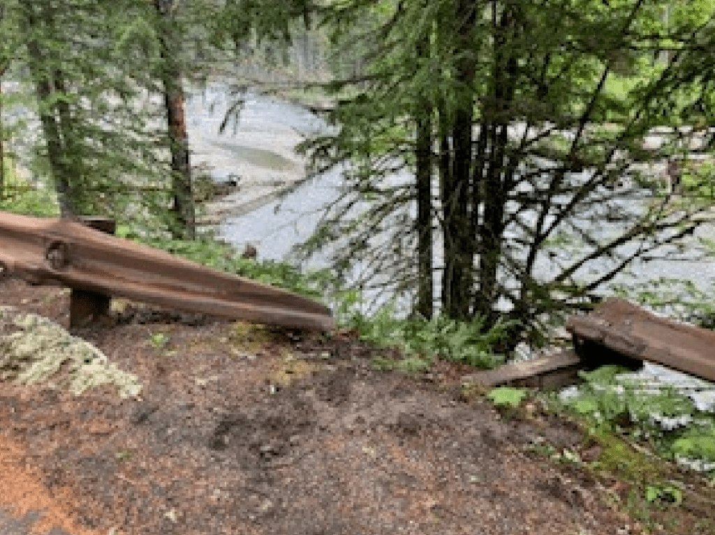 Scene where a SUV left the Mount Baker Highway and ended up in the North Fork of the Nooksack River (June 20, 2023). Photo courtesy of WSP