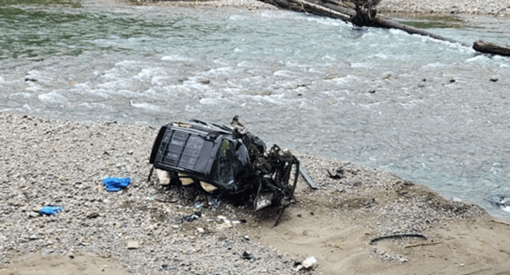 Scene where a SUV left the Mount Baker Highway and ended up in the North Fork of the Nooksack River (June 20, 2023). Photo courtesy of WCFD14