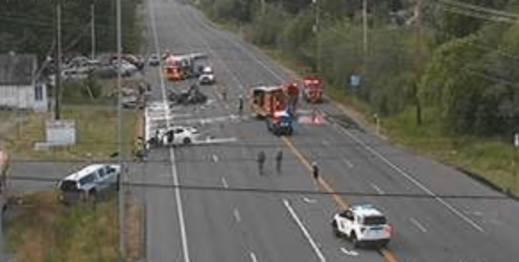 Scene of a multivehicle crash on Guide Meridian (June 21, 2023). WSDOT traffic camera.
