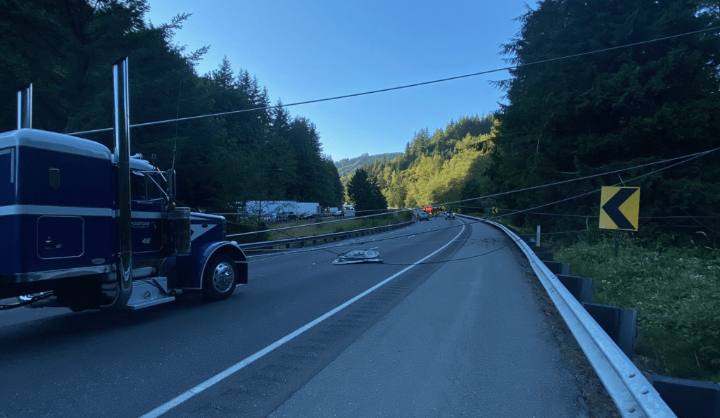 Scene of down power lines on I-5 in the area of the N Lake Samish Road interchange (July 19, 2023). Photo courtesy of WSP