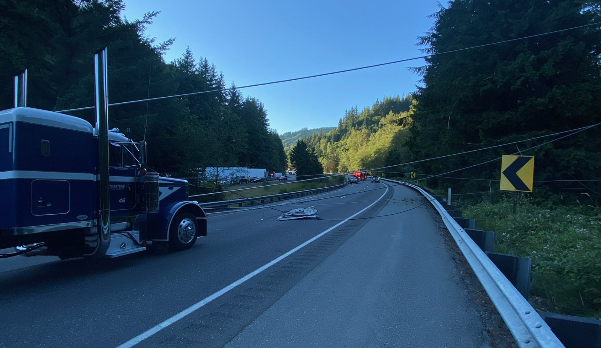 Scene of down power lines on I-5 in the area of the N Lake Samish Road interchange (July 19, 2023). Photo courtesy of WSP