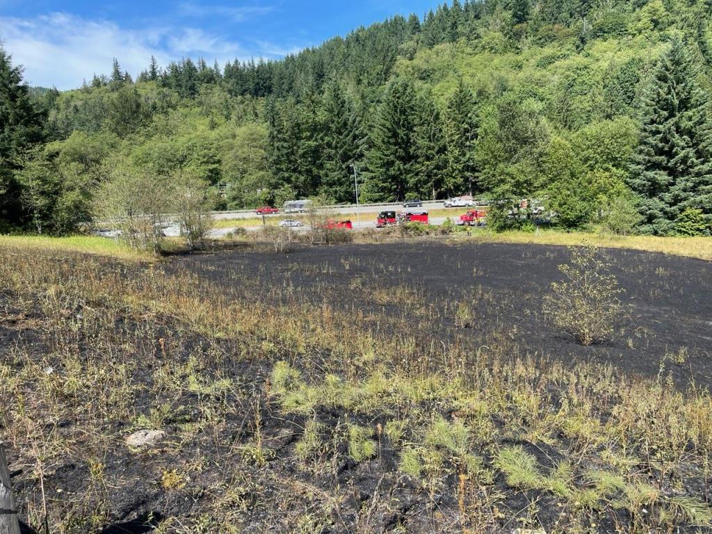 Scene of a brush fire following a vehicle fire on I-5 (July 27, 2023). Photo courtesy of South Whatcom Fire Authority