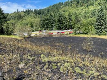 Scene of a brush fire following a vehicle fire on I-5 (July 27, 2023). Photo courtesy of South Whatcom Fire Authority