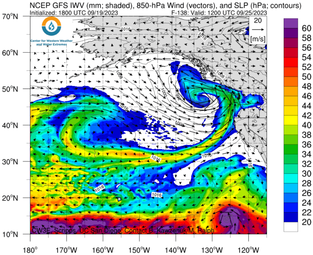 Plot of vertically integrated water vapor analysis forecast for September 25, 2023, as of September 19th based on ECMWF forecast model. Source: Center for Western Weather and Water Extremes