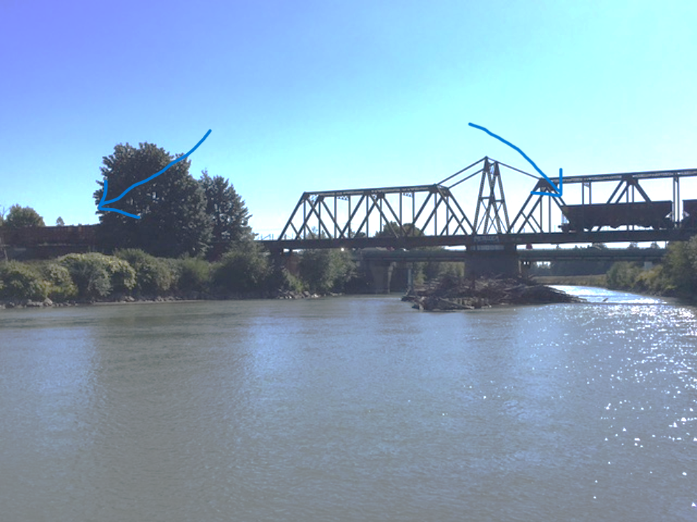 Scene of separated rail cars on and near the Ferndale bridge over the Nooksack River (September 8, 2023). Photo courtesy of Scott Logan