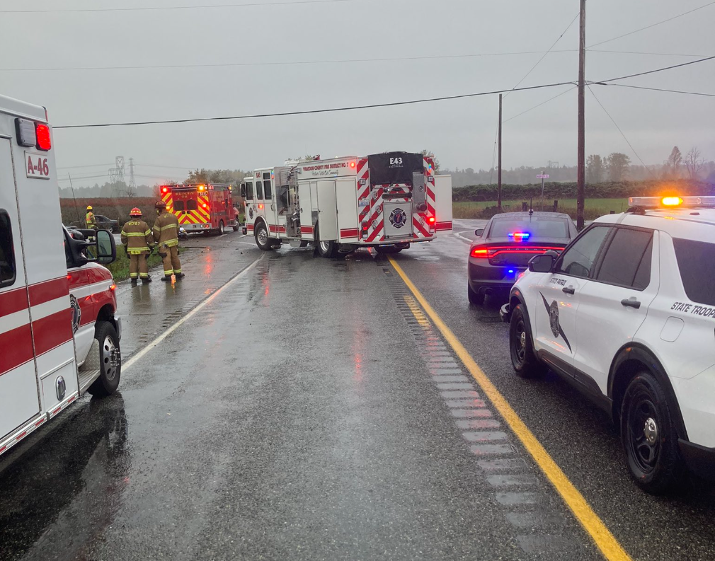 Scene of a crash at the intersection of W Axton Road and Aldrich Road (October 24, 2023). Photo courtesy of WSP