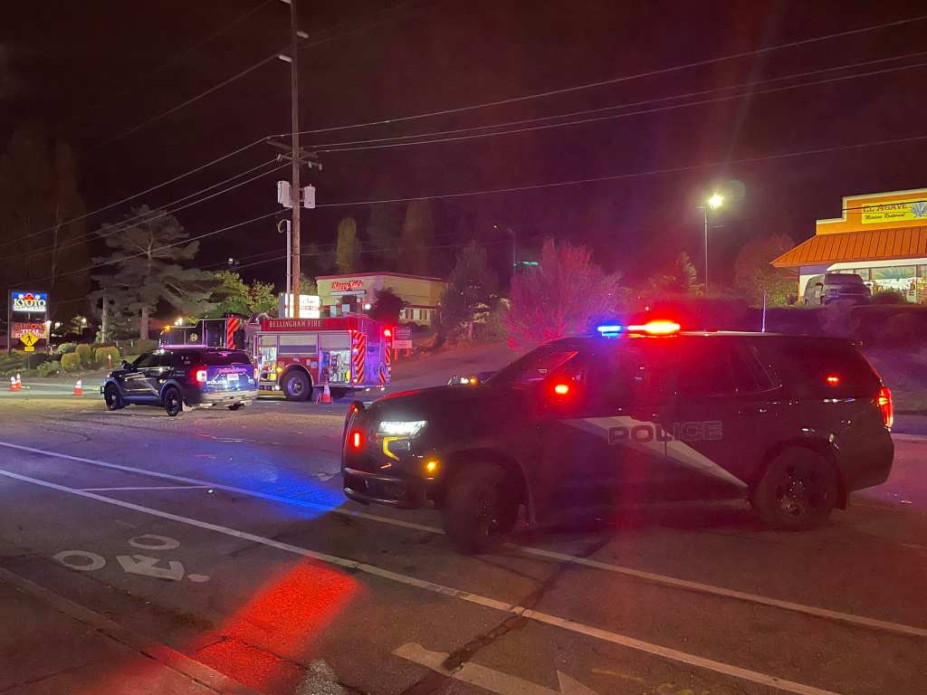 Scene of a car vs pedestrian incident on N Samish Way (October 23, 2023). Photo: Bellingham Police