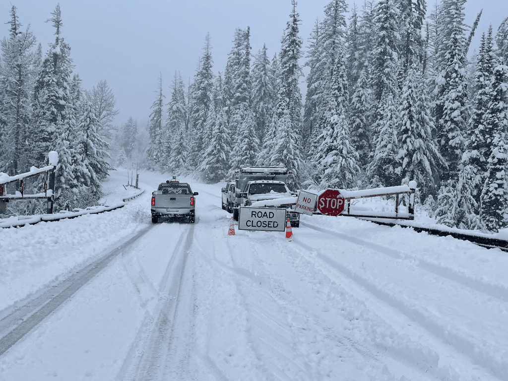 Scene at a road closure point on the North Cascades Highway (November 13, 2023). Photo: WSDOT