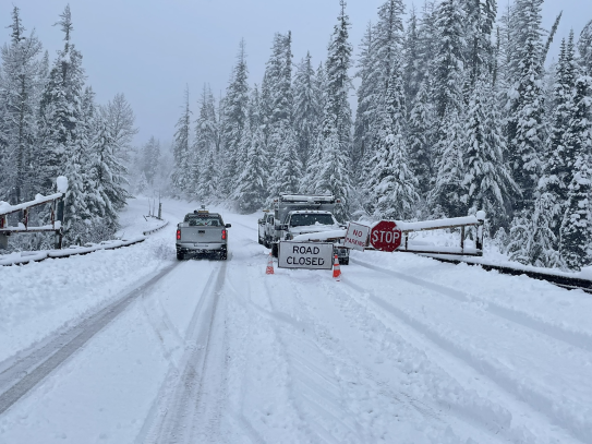 Scene at a road closure point on the North Cascades Highway (November 13, 2023). Photo: WSDOT